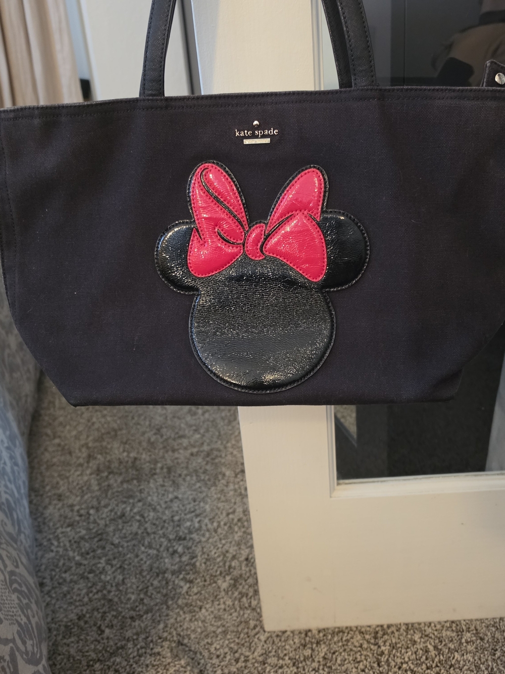 kate spade Black Canvas Tote with Hot Pink Bow Minnie Applique